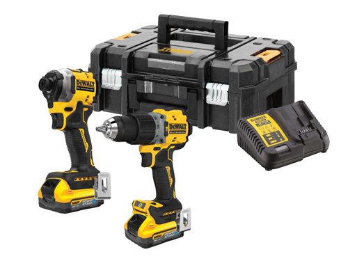 The DEWALT DCK2050H2 POWERSTACK™ Twin Pack contains the following:1 x 18V DCD805 XR Brushless G3 Combi with an ultra-compact, lightweight design for use in confined spaces, with enhanced pivoting LED, positioned on the foot, offers greater visibility in dark, and confined spaces.Chuck: 13mm.No Load Speed: 0-650/2,000/min.Impact Rate: 34,000/bpm.Max. Torque: 90Nm.Capacity: Steel 13mm, Masonry 13mm, Wood 55mm.1 x 18V DCF850 XR Brushless Impact Driver with a 3 mode switch for enhanced control, including Precision Drive which prevents damage to the material, and fastener in smaller jobs.Bit Holder: 6.35mm (1/4in).No Load Speed: 0-1,000/2,800/3,250/min.Impact Rate: 3,800/bpm.Max. Torque: 205Nm.Weight: 0.9kg.2 x 18V 5.0Ah POWERSTACK™ Li-ion Batteries. POWERSTACK™ batteries deliver 50% more power with a 25% smaller footprint, and work with all DEWALT 18V XR tools.Also supplied with: 1 x Multi-Voltage Charger 10.8-18V Li-ion and 1 x TSTAK­™ II Toolbox.