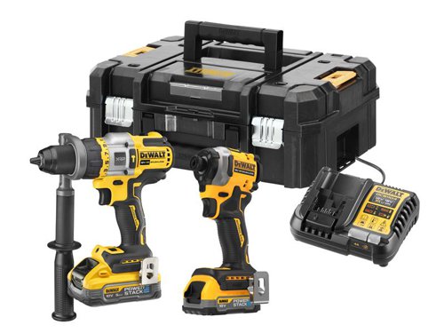 The DEWALT DCK2052H1 Twin Kit contains the following:1 x 18V DCD999 XR XRP Combi Drill comes with FlexVolt ADVANTAGE technology. This unique electronic module features pack identification technology. This enables the tool to recognise when an XR FLEXVOLT battery is attached and to then unlock even more power. A foot LED with delay feature, provides improved visibility and flashlight functionality.Chuck Capacity: 1.5-13mm.No Load Speed: 0-500/1,500/2,250/min.Impact Rate: 38,250/bpm.Max. Torque: 67Nm.Max. Drilling Capacity: Metal 15mm, Wood 55mm, Masonry 13mm.Weight: 1.6kg (without battery).1 x 18V DCF850E2T XR Brushless Impact Driver comes with a 3 mode switch for enhanced control including Precision Drive which prevents damage to the material and fastener in smaller jobs. POWERSTACK™ batteries deliver 50% more power with a 25% smaller footprint and they work with all DEWALT 18V XR tools.Bit Holder: 6.35mm (1/4in).No Load Speed: 0-1,000/2,800/3,250/min.Impact Rate: 3,800/bpm.Max. Torque: 205Nm.Weight: 0.9kg.It is supplied with:1 x 18V POWERSTACK™ Li-ion Batteries 1.7Ah.1 x 18V POWERSTACK™ Li-ion Batteries 5.0Ah.1 x DCB1104 Charger.1 x TSTAK™ Heavy-duty Kitbox.