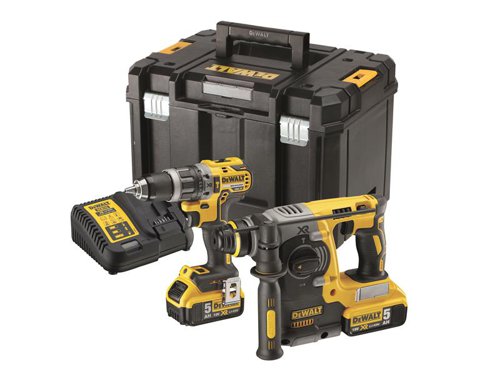 The DEWALT DCK207P2T XR Brushless Twin Pack contains the following:1 x 18V DCH273 XR Brushless SDS Plus 3-Mode Hammer is fitted with an electronic clutch for consistently high torque and improved durability. Ideal for drilling anchors and fixing holes into concrete.Modes: Rotary, SDS Hammer, Chisel Only.No Load Speed: 0-1,100/min.Impact Rate: 0-4,600/bpm.Impact Energy: 2.1 joules.Capacity: Masonry: 24mm, Metal: 13mm, Wood: 26mm.Weight: 3.1kg.1 x 18V DCD796 XR Brushless Combi Drill has an ultra-compact, lightweight design. The 2-speed all-metal transmission provides increased run time and longer tool life. It offers a 15 position adjustable torque control for consistent screwdriving.Chuck: 13mm Keyless.No Load Speed: 0-550/0-2,000/min.Impact Rate: 0-9,350/34,000/bpm.Torque: 27/70Nm, 15 Settings.Capacity: Masonry/Steel 13mm, Wood 40mm.1 x 10.8-18V DCB115 XR Multi-Voltage Charger has a compact size, making it easy to store and it is also wall mountable. A bright LED indicator communicates the battery charge status: charged, charging, power problem, and battery too hot or too cold conditions. It is capable of charging a 2.0Ah battery pack in 30 minutes.Voltage: 10.8/14.4/18V.Battery Chemistry: Li-ion.Charging Current: 4.0 A.Also supplied with 2 x 18V 5.0Ah Li-ion Batteries and 1 x TSTAK™ Deep Toolbox.