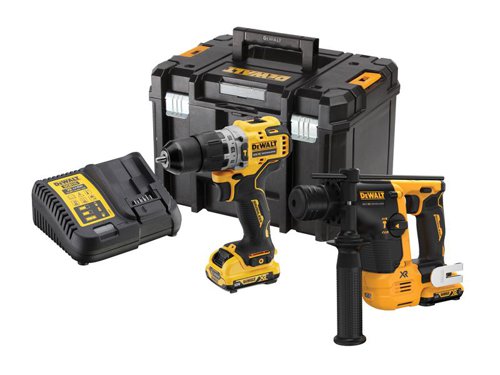The DEWALT DCK2102L2T XR Brushless Twin Pack, contains the following:1 x 12V DCD706 XR Brushless Sub-Compact Combi Drill has an extremely compact design, with a length of 168mm, allowing you to get into even smaller tight spaces.The Drill has a 15 position adjustable torque control for consistent screwdriving, into a wide variety of materials.Chuck: 10mm Keyless.No Load Speed: 0-425/0-1,500/min.Impact Rate: 25,500/bpm.Max. Torque: 57.5Nm, 15 Settings.Capacity: Masonry/Steel 10mm, Wood 20mm.Weight: 1.2kg. (2.65lbs).1 x 12V DCH072 XR SDS Plus Hammer Drill has a brushless motor for improved run time and durability. Ideal for drilling anchors, and fixing holes into concrete, brick and masonry.The Hammer Drill has an ultra-compact design with overmoulded handle and grip areas to enhance grip and comfort. There is also a bright, white LED with a delay feature for improved visibility.No Load Speed: 910/min.Impact Rate: 4,280/bpm.Impact Energy: 1.1 joules.Capacity: Concrete 14mm, Wood 13mm, Metal 10mm.Weight: 1.7kg (without battery) (3.75lbs).Also supplied with: 2 x 12V 3.0Ah Li-ion Batteries, 1 x Multi-Voltage XR Charger & 1 x TSTAK Kit Box.