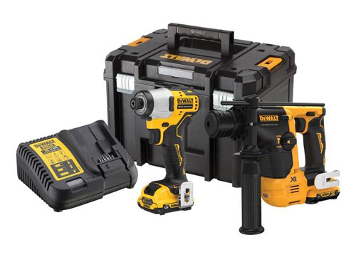 The DEWALT DCK2104L2T XR Brushless Twin Pack, contains the following:1 x 12V DCF801 XR Brushless Sub-Compact Impact Driver with 3 electronic speeds for greater control when working on precise applications.Precision Drive mode is ideal for fine screw work, preventing the screw head or material from being damaged. Compatible with existing 10.8V and 12V slide on batteries.No Load Speed: 0-950/0-1,950/0-2,850/min.Impact Rate: 0-3,600/bpm.Max. Torque: 163Nm.Weight: 0.8kg. (1.76lbs).1 x 12V DCH072 XR SDS Plus Hammer Drill, a brushless motor for improved run time, and durability. Ideal for drilling anchors, and fixing holes into concrete, brick and masonry.The drill has an ultra-compact design with overmoulded handle and grip areas to enhance grip, and comfort. There is also a bright, white LED with a delay feature for improved visibility.No Load Speed: 910/min.Impact Rate: 4,280/bpm.Impact Energy: 1.1 joules.Capacity: Concrete 14mm, Wood 13mm, Metal 10mm.Weight: 1.7kg (without battery). (3.75lbs).Also supplied with: 2 x 12V 3.0Ah Li-ion Batteries, 1 x Multi-Voltage XR Charger & 1 x TSTAK Kit Box.
