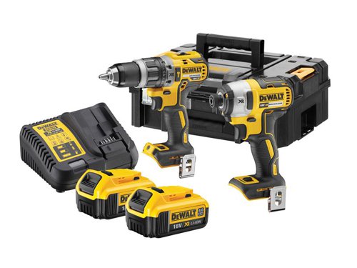 The DEWALT DCK266M2T TSTAK™ Twin Kit, contains the following:1 x 18V DCD796 XR Brushless Combi Drill which has an ultra-compact, lightweight design. The 2-speed all-metal transmission provides increased run time and longer tool life. It offers a 15 position adjustable torque control for consistent screwdriving.Chuck: 13mm Keyless.No Load Speed: 0-550/0-2,000/min.Impact Rate: 0-9,350/34,000/bpm.Torque: 27/70Nm, 15 Settings.Capacity: Masonry/Steel 13mm, Wood 40mm.1 x 18V DCF887 XR Brushless Impact Driver is equipped with application control. This is achieved through 3 motor speeds and torque settings. Precision Drive mode offers additional control in screwdriving applications to avoid material and fastener damage. It has a super lightweight and compact design.Bit Holder: 6.35mm (1/4in).No Load Speed: 0-1,000/0-2,800/0-3,250/min.Impact Rate: 0-1,800/0-2,900/0-3,800/bpm.Max. Torque: 26/80/205Nm.Weight: 1.56kg.Also supplied with: 1 x 10.8-18V DCB115 Multi-Voltage XR Charger, 2 x 18V 4.0Ah Li-ion Batteries and 1 x TSTAK™ Case.