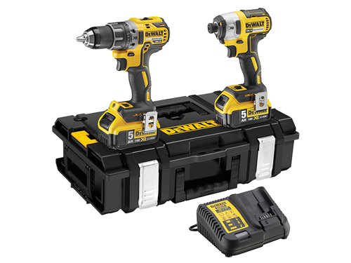 The DEWALT DCK266P2 XR Brushless Twin Pack, contains the following:1 x 18V DCD796 XR Brushless Compact Combi Drill has an ultra compact, lightweight design. The two speed all metal transmission provides increased runtime and longer tool life. It offers a 15 position adjustable torque control for consistent screw driving.Chuck: 13mm Keyless.No Load Speed: 0-550/0-2,000/min.Impact Rate: 0-9,350/3,4000/bpm.Torque: 27/70Nm, 15 Settings.Capacity: Steel: 13mm, Masonry: 13mm, Wood: 40mm.1 x 18V DCF887 XR Brushless Impact Driver is Equipped with application control, this is achieved through 3 motor speeds and torque settings. Precision Drive mode offers additional control in screwdriving applications to avoid material and fastener damage. It has a super lightweight and compact design.No Load Speed: 0-850/0-2,100/0-3,000/min.Impact Rate: 0-1,800/0-2,900/0-3,700/bpm.Torque: 26/80/203Nm.1 x 10.8-18V DCB105 Multi-Voltage XR Charger varies the charge rate according to battery type to increase battery pack life. It features diagnostics with bright LED indicator which communicates the battery charge status: charged, charging, power problem, and battery too hot or too cold. Charges all XR Li-ion DEWALT Slide Pack 10.8V, 14.4V, and 18V batteries.Also supplied with 2 x 18V 5.0Ah Li-ion Batteries and 1 x TOUGHSYSTEM™ DS150 Toolbox.