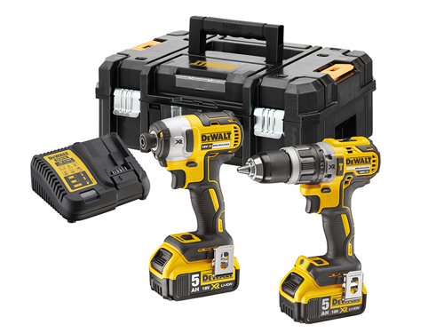 The DEWALT DCK266P2T Twin Pack, contains the following:1 x 18V DCD796 XR Brushless Compact Combi Drill has an ultra compact, lightweight design. The two speed all metal transmission provides increased runtime and longer tool life. It offers a 15 position adjustable torque control for consistent screwdriving.Chuck: 13mm.No Load Speed: 0-550/0-2,000/min.Impact Rate: 0-9,350/0-34,000/min.Max Torque: 70Nm.Capacity: Wood 40mm, Steel 13mm, Masonry 13mm.1 x 18V DCF887 XR Brushless Impact Driver is equipped with application control. This is achieved through 3 motor speeds and torque settings. Precision Drive mode offers additional control in screwdriving applications to avoid material and fastener damage. It has a super lightweight and compact design.Bit Holder: 6.35mm (1/4in).No Load Speed: 0-850/0-2,100/0-3,000/min.Impact Rate: 0-1,800/0-2,900/0-3,700/bpm.Max Torque: 26/80/203Nm.Weight: 1.56kg.1 x 10.8-18V DCB115 XR Multi-Voltage Charger has a compact size, making it easy to store and it is also wall mountable. A bright LED indicator communicates the battery charge status: charged, charging, power problem, and battery too hot or too cold conditions. It is capable of charging a 2.0Ah battery pack in 30 minutes.Voltage: 10.8/14.4/18V.Battery Chemistry: Li-ion.Charging Current: 4.0 A.Also supplied with: 2 x 18V 5.0Ah Li-ion Batteries and 1 x TSTAK­™ II Toolbox.