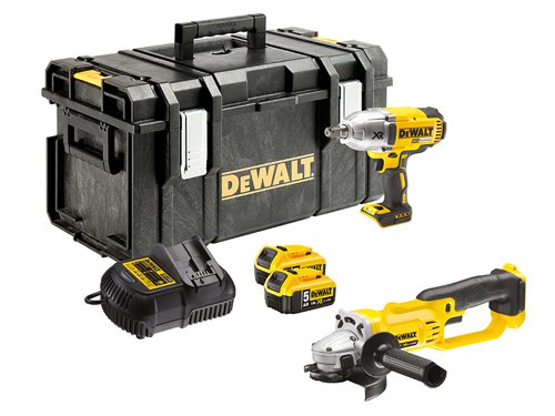 The DEWALT DCK269P2 XR Twin Pack, contains the following:1 x 18V DCF899 XR Brushless High Torque Impact Wrench with 3 speed and torque settings that gives you the control to best suit your application. The 1/2in (13mm) square drive with detent pin allows for more efficient torque delivery and excellent socket retention.Bit Holder: 1/2in Detent Pin.No Load Speed: 0-400/0-1,200/0-1,900/min.Impact Rate: 0-2,400/min.Max Torque: 950Nm, Breakaway Torque: 1,625Nm. Max Bolt Diameter: M20.Weight: 2.62kg.1 x 18V DCG412 XR Premium Angle Grinder has a powerful fan cooled motor and intelligent variable speed trigger and lock-off switch for enhanced work safety and control. It features the XR Lithium Ion Technology and is part of the intelligent XR Lithium Ion Series designed for efficiency and making applications faster.No Load Speed: 7,000/min.Disc Diameter: 125mm, M14 Spindle.Weight: 3.0kg.1 x 10.8-18V DCB105 Multi-Voltage XR Charger varies the charge rate according to battery type to increase battery pack life. It features diagnostics with bright LED indicator which communicates the battery charge status: charged, charging, power problem, and battery too hot or too cold. Charges all XR Li-ion DEWALT Slide Pack 10.8, 14.4, and 18V batteries.Also supplied with: 2 x 18V 5.0Ah Li-ion Batteries and 1 x DS300 TOUGHSYSTEM™ Toolbox.