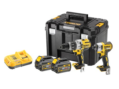 The DEWALT DCK276T2T FlexVolt Twin Pack, contains the following:1 x 18V DCD996 XR Brushless Combi Drill with a tough 3 speed all metal transmission for increased run time and a longer tool life. Electronic Clutch with 11 position adjustable torque control for optimised precision when screwdriving. Also has an improved 3 position LED torch with high/medium/low settings.Chuck: 13mm Keyless.No Load Speed: 0-450/0-1,300/0-2,000/Min.Impact Rate: 0-8,600/0-25,500/0-38,250/bpm.Max Torque: 95Nm, 11 Settings.Capacity: Wood: 55mm, Steel: 15mm, Masonry: 16mmWeight: 2.1kg.1 x 18V DCF887 XR Brushless Impact Driver is equipped with application control. This is achieved through 3 motor speeds and torque settings. Precision Drive mode offers additional control in screwdriving applications to avoid material and fastener damage. It has a super lightweight and compact design.Bit Holder: 6.35mm (1/4in).No Load Speed: 0-850/0-2,100/0-3,000/Min.Impact Rate: 0-1,800/0-2,900/0-3,700/bpm.Max Torque: 26/80/203Nm.Weight: 1.56kg.1 x 18-54V DCB116 FlexVolt XR Fast Charger that will charge 54V FlexVolt and 18V XR batteries. A bright LED indicator communicates battery charge status: charged, charging, power problem, and battery too hot or too cold conditions. It has a compact design that is wall mountable and fan cooled so it can charge efficiently between 4°C and 40°C.Also supplied with: 2 x 18/54V 6.0/2.0Ah FlexVolt Li-ion Batteries, 2 x Belt Hooks, 1 x Side Handle for Combi Drill and 1 x DWST1-71195 TSTAK™ Deep Toolbox.