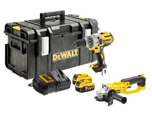 The DEWALT DCK278P2 XR Twin Pack, contains the following:1 x 18V DCD996 XR Brushless Combi Drill with a tough 3 speed all metal transmission for increased run time and a longer tool life. Electronic Clutch with 11 position adjustable torque control for optimised precision when screwdriving. Also has an improved 3 position LED torch with high/medium/low settings.Chuck: 13mm Keyless. No Load Speed: 0-450/0-1,300/0-2,000/min.Impact Rate: 0-8,600/0-25,500/0-38,250/bpm.Max Torque: 95Nm, 11 Settings.Capacity: Wood: 55mm, Steel: 15mm, Masonry: 16mm.Weight: 2.1kg.1 x 18V DCG412 XR Premium Angle Grinder has a powerful fan cooled motor and intelligent variable speed trigger and lock-off switch for enhanced work safety and control. It features the XR Lithium Ion Technology and is part of the intelligent XR Lithium Ion Series designed for efficiency and making applications faster.No Load Speed: 7,000/min.Disc Diameter: 125mm, M14 Spindle.Weight: 3.0kg.1 x 10.8-18V DCB105 Multi-Voltage XR Charger varies the charge rate according to battery type to increase battery pack life. It features diagnostics with bright LED indicator which communicates the battery charge status: charged, charging, power problem, and battery too hot or too cold. Charges all XR Li-ion DEWALT Slide Pack 10.8, 14.4, and 18V batteries.Also supplied with: 2 x 18V 5.0Ah Li-ion Batteries and 1 x DS300 TOUGHSYSTEM™ Toolbox.