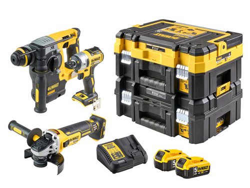 The DEWALT DCK305P2T XR Brushless Triple Kit, contains the following:1 x 18V DCH273P2 XR Brushless 3 Mode Hammer, fitted with an electronic clutch for consistently high torque and improved durability. Ideal for drilling anchors and fixing holes into concrete.Modes: Rotary, SDS Hammer, Chisel Only.No Load Speed: 0-1,100/min.Impact Rate: 0-4,600/bpm with 2.1 joules.Capacity: Wood 26mm, Metal 13mm, Masonry 24mm.Weight: 3.1kg.1 x 18V DCF887 XR Brushless Impact Driver, equipped with application control. This is achieved through 3 motor speeds and torque settings. Precision Drive mode offers additional control in screwdriving applications to avoid material and fastener damage. It has a super lightweight and compact design.Bit Holder: 6.35mm (1/4in).No Load Speed: 0-1,000/0-2,800/0-3,250/min.Impact Rate: 0-1,800/0-2,900/0-3,800/bpm.Max. Torque: 26/80/205Nm.Weight: 1.56kg.1 x 18V DCG405 XR Brushless Grinder has a powerful fan cooled motor with a mesh cover that provides additional motor protection by preventing dust being sucked through the motor. Its electronic clutch reduces the kick back reaction in the event of a pinch or stall. The 2 position side handle provides greater control, whilst the rubber overmould provides enhanced grip and comfort. For added safety, the electronic brake stops the wheel quickly when the trigger is released.No Load Speed: 9,000/min.Disc Diameter: 125mm, M14 Spindle.Weight: 1.75kg.Also supplied with: 2 x 18V 5.0Ah Li-ion Batteries, 1 x 10.8-18V DCB115 XR Multi-Voltage Charger and 2 x Cases.