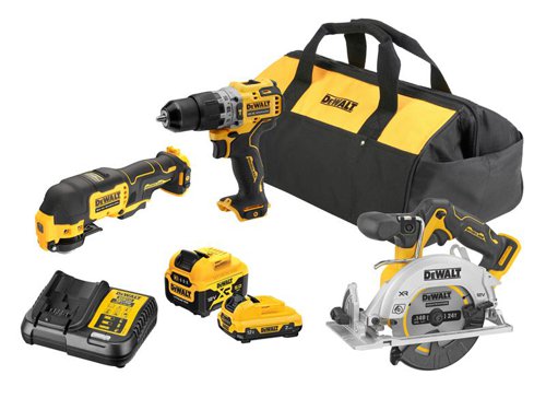 The DEWALT DCK318PD XR Brushless Kit, contains the following:1 x 12V DCD706 XR Brushless Sub-Compact Combi Drill has an extremely compact design, only 168mm long, allowing you to get into small, tight spaces.The Combi Drill has a 15 position adjustable torque control for consistent screwdriving, into a wide variety of materials.Chuck: 10mm Keyless.No Load Speed: 0-425/0-1,500/min.Impact Rate: 25,500/bpm.Max. Torque: 57.5Nm, 15 Settings.Capacity: Masonry/Steel 10mm, Wood 20mm.Weight: 1.2kg.The 12V DCS512 Brushless XR Circular Saw has a cast aluminium base for a repetitive, and accurate cut. The bevel angle is adjustable by up to 50°, and a lock-off switch, and electronic motor brake provide additional control, and work safety. The Saw is also fitted with an additional handle for safe two-handed work.No Load Speed: 3,600/min.Max. Cutting Depth: @90° 47mm, @45° 33mm.Bevel Capacity: 50°.Blade: 140 x 20mm Bore.Weight: 2.2kg.The 12V DCS353 XR Brushless Multi-Tool, with a dual-grip variable speed trigger, and lock-on feature allowing greater control when cutting, scraping, and sanding. A quick-change accessory system allows blades, and attachments to be changed quickly. The compact, lightweight design also allows improved access into confined spaces.No Load Speed: 0-18,000/min.Oscillation Angle: 1.6°.Weight: 0.86kg (without battery).Also supplied with: 1 x 12V 2.0Ah Li-ion Battery, 1 x 12V 5.0Ah Li-ion Battery, 1 x Multi-Voltage XR Charger & 1 x Toolbag.