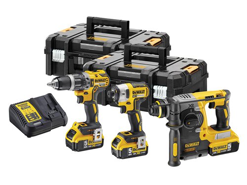 The DEWALT DCK368P3T XR Brushless 3 Piece Kit, contains the following:1 x 18V DCD796 XR Brushless Compact Combi Drill which has an ultra compact, lightweight design. The two speed all metal transmission provides increased run time and longer tool life. It offers a 15 position adjustable torque control for consistent screwdriving.Chuck: 13mm Keyless.No Load Speed: 0-550/0-2,000/min.Impact Rate: 0-9,350/34,000/bpm.Max Torque: 27/70Nm, 15 Settings.Capacity: Steel 13mm, Masonry 13mm, Wood 40mm.Weight: 1.3kg.1 x 18V DCF887 XR Brushless Impact Driver that is equipped with application control. This is achieved through 3 motor speeds and torque settings. Precision Drive mode offers additional control in screwdriving applications to avoid material and fastener damage. It has a super lightweight and compact design.Bit Holder: 6.35mm (1/4in).No Load Speed: 0-850/0-2,100/0-3,000/min.Impact Rate: 0-1,800/0-2,900/0-3,700/bpm.Max Torque: 26/80/203Nm.Weight: 1.56kg.1 x 18V DCH273 Brushless XR 3 Mode SDS Hammer fitted with an electronic clutch for consistently high torque and improved durability. Ideal for drilling anchors and fixing holes into concrete.Modes: Rotary, SDS Hammer, Chisel Only.No Load Speed: 0-1,100/min.Impact Rate: 0-4,600/bpm.Impact Energy: 2.1 joules.Capacity: Wood: 26mm, Metal: 13mm, Masonry: 24mm.Weight: 3.1kg.1 x 10.8-18V DCB115 XR Multi-Voltage Charger which has a compact size, making it easy to store and it is also wall mountable. A bright LED indicator communicates the battery charge status: charged, charging, power problem, and battery too hot or too cold conditions. It is capable of charging a 2.0Ah battery pack in 30 minutes.Also supplied with 3 x 18V 5.0Ah Li-ion Batteries and 2 x TSTAK­™ II Toolboxes.