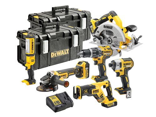 The DEWALT DCK623P3 XR Brushless 6 Piece Kit, contains the following:1 x 18V DCD796 XR Brushless Compact Combi Drill has an ultra compact, lightweight design. The 2 speed, all metal transmission, provides increased runtime and longer tool life. It offers a 15 position adjustable torque control for consistent screwdriving.Chuck: 13mm Keyless.No Load Speed: 0-550/0-2,000/min.Impact Rate: 0-9,350/34,000/bpm.Max. Torque: 27/70Nm, 15 Settings.Capacity: Steel 13mm, Masonry 13mm, Wood 40mm.Weight: 1.3kg.1 x 18V DCF887 XR Brushless Impact Driver is equipped with application control. This is achieved through 3 motor speeds and torque settings. Precision Drive mode offers additional control in screwdriving applications to avoid material and fastener damage. It has a super lightweight and compact design.Bit Holder: 6.35mm (1/4in).No Load Speed: 0-1,000/0-2,800/0-3,250/min.Impact Rate: 0-1,800/0-2,900/0-3,800/bpm.Max. Torque: 26/80/205Nm.Weight: 1.56kg.1 x 18V DCG405 XR Brushless Grinder has a powerful fan cooled motor with a mesh cover that provides additional motor protection by preventing dust being sucked through the motor. Its electronic clutch reduces the kickback reaction in the event of a pinch or stall. The 2 position side handle provides greater control, whilst the rubber overmould provides enhanced grip and comfort. For added safety, the electronic brake stops the wheel quickly when the trigger is released.No Load Speed: 9,000/min.Disc Diameter: 125mm, M14 Spindle.Weight: 1.75kg.1 x 18V DCS367 Brushless XR Reciprocating Saw has a compact design that allows for better access to hard to reach cuts. Offers improved balance and ease of handling due to central motor position. The 4 position blade clamp allows for flush cutting and improved versatility. There is a lever action keyless blade clamp for tool-free blade change and an LED work light for improved visibility of cut.No Load Speed: 0-2,900/min.Stroke Length: 28.6mm.Capacity: Wood 300mm, Steel Sections & Pipes 100mm, PVC 160mm.Weight: 2.3kg.1 x 18V DCS570 XR Brushless Circular Saw, ideal for general purpose ripping, cross-cutting and bevelling, for wood and other construction materials. It has a high torque brushless motor for improved durability and power. With a precise cutting depth scale, up to 65mm and a variable bevel angle, up to 57°. Its stable block construction provides low vibration running and increased service life. With an additional handle for safe 2 handed work.No Load Speed: 5,500/min.Max. Cutting Depth @90º: 64mm.Blade: 184 x 16mm Bore.Bevel Capacity: 57°.1 x 18V XR Handheld LED Work Light is perfect for inspecting areas without electricity or natural light. Fitted with variable light settings for maximum brightness or extended runtime and a 250-500 lumen output with broad and even beam pattern. The articulating head has 9 positions for directional control of light output and an extendable hanging hook allows the work light to be suspended during use.Bulb Type: LED.Light Output: 250-500 lumens.Protection Class: IP54.Also supplied with: 3 x 18V 5.0Ah Li-ion Batteries, 1 x 10.8-18V DCB115 XR Multi-Voltage Charger and 2 x TOUGHSYSTEM™ DS300 Toolboxes.