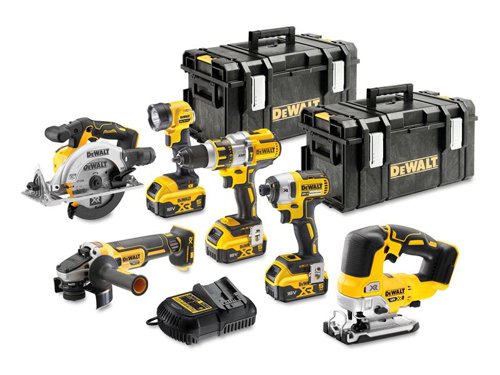 The DEWALT DCK664P3 XR Brushless 6 Piece Kit contains the following:1 x 18V DCD996 XR Brushless Combi Drill with a tough 3-speed all-metal transmission for increased run time and longer tool life. Electronic clutch with an 11 position adjustable torque control for optimised precision when screwdriving. It also has an improved 3 position LED torch with high/medium/low settings.Chuck: 13mm Keyless.No Load Speed: 0-450/0-1,300/0-2,000/min.Impact Rate: 0-8,600/0-25,500/0-38,250/bpm.Max. Torque: 95Nm, 11 Settings.Capacity: Masonry 16mm, Steel 15mm, Wood 55mm.Weight: 2.1kg.1 x 18V DCF887 XR Brushless Impact Driver is equipped with application control. This is achieved through 3 motor speeds and torque settings. Precision Drive mode offers additional control in screwdriving applications to avoid material and fastener damage. It has a super lightweight and compact design.Bit Holder: 6.35mm (1/4in).No Load Speed: 0-1,000/0-2,800/0-3,250/min.Impact Rate: 0-1,800/0-2,900/0-3,800/bpm.Max. Torque: 26/80/205Nm.Weight: 1.56kg.1 x 18V DCS565 XR Brushless Circular Saw has an extremely durable design, including a cast aluminium base for repetitive, accurate cuts. With optimum balance for safe, fatigue-free operation. A lock-off switch and electronic motor brake provide additional control and work safety. The dust blower and LED work light provide improved cut line visibility.No Load Speed: 4,950/min.Max. Cutting Depth: @45° 42mm, @90° 55mm.Bevel Capacity: 50°.Blade Diameter x Bore: 165 x 20mm.Weight: 2.8kg (without battery).1 x 18V DCS334 XR Brushless Top Handle Jigsaw has an intelligent variable speed trigger, lock-off switch and 4-position pendulum action. The quick and easy keyless blade change system accepts T-shank blades. The tool-free adjustable shoe is fitted with an anti-scratch cover that bevels to 45° in both directions. The dust port is AirLock compatible.Strokes at No Load: 0-3,200/min.Stroke Length: 26mm.Bevel Capacity: 0-45°.Capacity: Metal 10mm, Wood 135mm.Weight: 2.1kg.1 x 18V DCG405 125mm XR Brushless Grinder has a powerful fan cooled motor with a mesh cover that provides additional motor protection by preventing dust being sucked through the motor. Its electronic clutch reduces the kick back reaction in the event of a pinch or stall. The two position side handle provides greater control, whilst the rubber overmould provides enhanced grip and comfort. For added safety, the electronic brake stops the wheel quickly when the trigger is released.No Load Speed: 9,000/min.Disc Diameter: 125mm.Spindle Thread: M14.Weight: 1.75kg.1x DCL040 LED Torch.Also supplied with: 3 x 18V 5.0Ah Li-ion Batteries, 1 x 10.8-18V DCB115 XR Multi-Voltage Li-ion Charger and 2 x DS300 TOUGHSYSTEM™ Toolboxes.