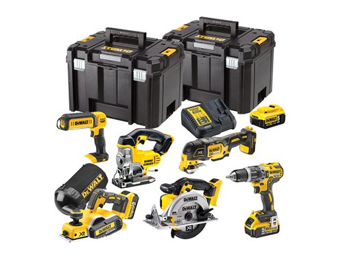 The DEWALT DCK665P3T XR 6 Piece Compact Woodworking Kit, contains the following:1 x 18V DCD796 XR Brushless Compact Combi Drill has an ultra compact, lightweight design. The two speed all metal transmission provides increased runtime and longer tool life. It offers a 15 position adjustable torque control for consistent screwdriving.Chuck: 13mm Keyless.No Load Speed: 0-550/0-2,000/min.Impact Rate: 0-9,350/34,000/bpm.Max Torque: 27/70Nm, 15 Settings.Capacity: Steel: 13mm, Masonry: 13mm, Wood: 40mm.Weight: 1.3kg.1 x 18V DCP580 XR Brushless Planer has a powerful brushless motor that provides a smooth planning performance combined with extended run time. With on-board blade storage and Torx key enable fast blade change, minimising downtime. With a large front and rear shoe for improved stability. It is compatible with the AirLock dust extraction system.No Load Speed: 15,000/Min.Maximum Depth of Cut: 2mm.Rebating Depth: 9mm.Planer Width: 82mm.Weight: 2.5kg.1 x 18V DCS355 XR Cordless Oscillating Multi-Tool delivers up to 57% more run time over brushed motors. It uses the quick-change accessory system that allows blades and attachments to be changed quickly without the use of tools.No Load Speed: 0-20,000/min. Length: 310mm.Weight: 1.06kg.1 x 18V 165mm DCS391 Premium Circular Saw with an intelligent trigger allowing total control over all applications. It has a powerful and highly efficient PM58 fan cooled motor with replaceable brushes, which delivers up to 3,700 rotations per minute for a fast cutting action. It has a spindle lock for quick and easy blade change.No Load Speed: 3,700/min.Max Cutting Depth: @90°: 55mm, @45°: 42.1mm.Blade: 165 x 20mm Bore.Weight: 3.8kg.1 x 18V DCS331 XR Premium Jigsaw is designed for efficiency and has a powerful and highly efficient DEWALT PM47 fan-cooled motor with replaceable brushes. The intelligent variable speed trigger and lock-off switch ensure quick controlled cuts and enhanced work safety and the quick and easy, patented keyless blade change system accepts T-shank blades.Strokes at No Load: 0-3,000/min.Levels of Pendulum Stroke: 4.Stroke Length: 26mm.Capacity: Wood: 135mm, Metal: 10mm.Weight: 3.1kg.1 x 18V XR Li-ion Handheld LED Work Light is perfect for inspecting areas without electricity or natural light. Fitted with variable light settings for maximum brightness or extended run time and a 250-500 lumen output with broad and even beam pattern. The articulating head has nine positions for directional control of light output and an extendable hanging hook allows the work light to be suspended during use.Bulb Type: LED. Light Output: 250-500 lumens. Protection Class: IP54.1 x 10.8-18V DCB105 Multi-Voltage XR Charger varies the charge rate according to battery type to increase battery pack life. It features diagnostics with bright LED indicator which communicates the battery charge status: charged, charging, power problem, and battery too hot or too cold. Charges all XR Li-ion DEWALT Slide Pack 10.8, 14.4, and 18V batteries.Supplied with 3 x 18V 5.0Ah Li-ion Slide Pack Batteries and 2 x DWST1-71195 TSTAK™ Deep Toolboxes.