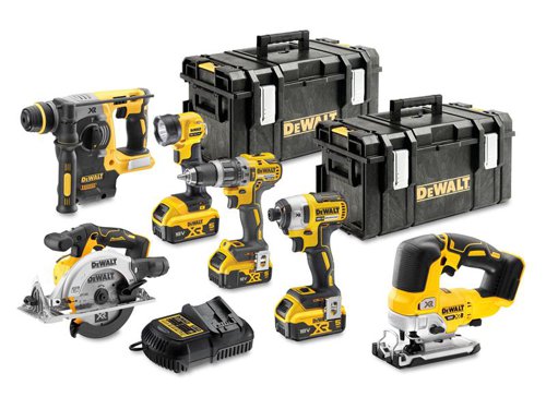 The DEWALT DCK690P3T XR Brushless 6 Piece Kit contains the following:1 x 18V DCD796 XR Brushless Combi Drill has an ultra-compact, lightweight design. The 2-speed all-metal transmission provides increased run time and longer tool life. It offers a 15 position adjustable torque control for consistent screwdriving.Chuck: 13mm Keyless.No Load Speed: 0-550/0-2,000/min.Impact Rate: 0-9,350/34,000/bpm.Torque: 27/70Nm, 15 Settings.Capacity: Masonry/Steel 13mm, Wood 40mm.1 x 18V DCH273 XR Brushless SDS Plus 3-Mode Hammer is fitted with an electronic clutch for consistently high torque and improved durability. Ideal for drilling anchors and fixing holes into concrete.Modes: Rotary, SDS Hammer, Chisel Only.No Load Speed: 0-1,100/min.Impact Rate: 0-4,600/bpm.Impact Energy: 2.1 joules.Capacity: Masonry: 24mm, Metal: 13mm, Wood: 26mm.Weight: 3.1kg.1 x 18V DCF887 XR Brushless Impact Driver is equipped with application control. This is achieved through 3 motor speeds and torque settings. Precision Drive mode offers additional control in screwdriving applications to avoid material and fastener damage. It has a super lightweight and compact design.Bit Holder: 6.35mm (1/4in).No Load Speed: 0-1,000/0-2,800/0-3,250/min.Impact Rate: 0-1,800/0-2,900/0-3,800/bpm.Max. Torque: 26/80/205Nm.Weight: 1.56kg.1 x 18V DCS565 XR Brushless Circular Saw has an extremely durable design, including a cast aluminium base for repetitive, accurate cuts. With optimum balance for safe, fatigue-free operation. A lock-off switch and electronic motor brake provide additional control and work safety. The dust blower and LED work light provide improved cut line visibility.No Load Speed: 4,950/min.Max. Cutting Depth: @45° 42mm, @90° 55mm.Bevel Capacity: 50°.Blade Diameter x Bore: 165 x 20mm.Weight: 2.8kg (without battery).1 x 18V DCS334 XR Brushless Top Handle Jigsaw has an intelligent variable speed trigger, lock-off switch and 4-position pendulum action. The quick and easy keyless blade change system accepts T-shank blades. The tool-free adjustable shoe is fitted with an anti-scratch cover that bevels to 45° in both directions. The dust port is AirLock compatible.Strokes at No Load: 0-3,200/min.Stroke Length: 26mm.Bevel Capacity: 0-45°.Capacity: Metal 10mm, Wood 135mm.Weight: 2.1kg.1 x 18V DCL040 XR LED Torch with a compact, lightweight design and an ergonomic, rubber grip for increased comfort. Impact resistant housing provides increased durability. The LED bulb produces a two zone light pattern. Its head pivots more than 90º vertically with a ratchet lock.Light Output: 110 lumens.1 x 10.8-18V DCB115 XR Multi-Voltage Charger has a compact size, making it easy to store and it is also wall mountable. A bright LED indicator communicates the battery charge status: charged, charging, power problem, and battery too hot or too cold conditions. It is capable of charging a 2.0Ah battery pack in 30 minutes.Also supplied with 3 x 18V 5.0Ah Li-ion Batteries and 2 x TSTAK™ Deep Toolboxes.