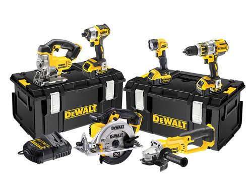 The DEWALT DCK694P3 Brushless 3 Speed 6 Piece Kit, contains the following:1 x 18V DCD995 Brushless XRP Combi Drill with a tough three speed all metal transmission for increased runtime and longer tool life. Part of the intelligent XR Lithium Ion Series designed for efficiency and faster applications.Chuck: 1.5-13mm. No Load Speed: 0-450/0-1,300/0-2,000/min. Impact Rate: 0-7,650/0-22,100/0-34,000/min. Max Torque: 80Nm. Drilling Capacity Wood: 50mm, Steel: 13mm,Masonry: 16mm.1 x 18V DCF886 Brushless Impact Driver with brushless motor technology, aluminium front housing and an ergonomic handle. 3 LEDs provide work piece illumination. With 'drop in' keyless hex driver for a quick, one-handed fitment.Bit holder: 6.35mm (1/4in) hex.No Load Speed: 0-2,800/min.Impacts Per Minute: 0-3,200/bpm.Max Torque: 165Nm.Capacity: Bolt M12.1 x 18V DCS391 Circular Saw with an intelligent trigger allowing total control over all applications. It has a powerful and highly efficient PM58 fan cooled motor with replaceable brushes, which delivers up to 3,700 rotations per minute for a fast cutting action.No Load Speed: 3,700/min.Max Cutting Depth: @90°: 55mm, @45°: 55mm.Blade: 165 x 20mm bore.Weight: 3.8kg.1 x 18V DCG412 Grinder has a powerful fan cooled motor and intelligent variable speed trigger and lock-off switch for enhanced work safety and control.No Load Speed: 7,000/min.Disc Diameter: 125mm, M14 Spindle.Weight: 3.0kg.1 x 18V DCS331 Jigsaw has a keyless blade change and intelligent variable speed trigger. Accepts T-shank blades.Strokes at No Load: 0-3,000/min.Levels of Pendulum Stroke: 4.Stroke Length: 26mm.Capacity: Wood: 135mm, Metal: 10mm.1 x 18V DCL040 LED Pivot Light has a compact, lightweight design with impact resistant housing and improved ergonomic design and rubber grip for increased comfort. The LED Bulb produces 110 Lumen output (10,000Hr Life) with a 2 zone light pattern. The flashlight head pivots more than 90º vertically with ratchet lock.1 x 10.8-18V DCB105 Multi-Voltage XR Charger varies the charge rate according to battery type to increase battery pack life. It features diagnostics with bright LED indicator which communicates the battery charge status: charged, charging, power problem, and battery too hot or too cold. Charges all XR Li-ion DEWALT Slide Pack 10.8, 14.4, and 18V batteries.Supplied with 3 x 18V 5.0Ah Li-ion Batteries and 2 x DS300 TOUGHSYSTEM™ Toolboxes.