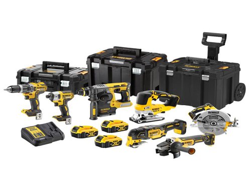 The DEWALT DCK755P3T XR 7 Piece Kit, contains the following:1 x 18V DCD796 XR Brushless Combi Drill has an ultra-compact, lightweight design. The 2-speed all-metal transmission provides increased run time and longer tool life. It offers a 15-position adjustable torque control for consistent screwdriving.Chuck: 13mm Keyless.No Load Speed: 0-550/0-2,000/min.Impact Rate: 0-9,350/34,000/bpm.Torque: 27/70Nm, 15 Settings.Capacity: Steel 13mm, Masonry 13mm, Wood 40mm.1 x 18V DCF887 XR Brushless Impact Driver is equipped with application control. This is achieved through 3 motor speeds and torque settings. Precision Drive mode offers additional control in screwdriving applications to avoid material and fastener damage. It has a super lightweight and compact design.Bit Holder: 6.35mm (1/4in).No Load Speed: 0-1,000/0-2,800/0-3,250/min.Impact Rate: 0-1,800/0-2,900/0-3,800/bpm.Max. Torque: 26/80/205Nm.Weight: 1.56kg.1 x 18V DCS355 XR Oscillating Multi-Tool delivers up to 57% more run time over brushed motors. It uses the quick-change accessory system that allows blades and attachments to be changed quickly without the use of tools.No Load Speed: 0-20,000/min. Length: 310mm.Weight: 1.06kg.1 x 18V DCH273 XR Brushless SDS Plus 3-Mode Hammer is fitted with an electronic clutch for consistently high torque and improved durability. Ideal for drilling anchors and fixing holes into concrete.Modes: Rotary, SDS Hammer, Chisel Only.No Load Speed: 0-1,100/min.Impact Rate: 0-4,600/bpm with 2.1 joulesCapacity: Wood 26mm, Metal 13mm, Masonry 24mmWeight: 3.1kg1 x 18V DCG405 XR Brushless Grinder with an electronic clutch that reduces the kickback reaction in the event of a pinch or stall. The 2-position side handle provides greater control, whilst the rubber overmould provides enhanced grip and comfort. For added safety, the electronic brake stops the wheel quickly when the trigger is released.No Load Speed: 9,000/min.Disc Diameter: 125mm, M14 SpindleWeight: 1.75kg1 x 18V DCS570 XR Brushless Circular Saw, ideal for general-purpose ripping, cross-cutting and bevelling, for wood and other construction materials. It has a high torque brushless motor for improved durability and power. With a precise cutting depth scale, up to 65mm and a variable bevel angle, up to 57°. Its stable block construction provides low vibration running and increased service life. With an additional handle for safe two-handed work.No Load Speed: 5,500/min.Max. Cutting Depth: @90º 64mmBlade: 184 x 16mm BoreBevel Capacity: 57°1 x 18V DCS334 XR Brushless Top Handle Jigsaw has an intelligent variable speed trigger, lock-off switch and 4-position pendulum action. Quick and easy keyless blade change system, accepts T-shank blades. The tool-free adjustable shoe is fitted with an anti-scratch cover, bevels to 45° in both directions. The dust port is AirLock compatible.Strokes No Load: 0-3,200/min.Stroke Length: 26mmBevel Capacity: 0-45°Capacity: Wood 135mm, Metal 10mmWeight: 2.1kgAlso supplied with: 3 x 18V 5.0Ah Li-ion Batteries, 1 x 10.8-18V DCB115 XR Li-ion Charger, 2 x TSTAK™ VI Deep Toolboxes (171195), 1 x TSTAK™ II Toolbox (Suitcase Flat Top) (170703) and 1 x TSTAK™ Carrier Base (171229)