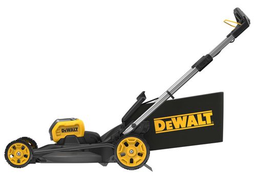 DEWALT DCMWP500 FlexVolt XR Push Mower with Direct Drive Brushless Autosensing Motor for improved run time, better cut quality and reduced stalling. Its 53cm high efficiency metal deck provides added durability. It offers Mulching, Bagging or Rear Discharge for natural lawn fertilisation or clip free lawn.Fitted with an ergonomic handle for easy and comfortable steering. A handy user interface incorporates a load meter allowing real time feedback. Easy 'One Touch Storage'. At the touch of a button, the telescopic handles fold down. This mower can be stored vertically, takes up 70% less space in vertical storage vs in operation.Comes as a Bare Unit, NO battery or charger supplied.Specification:Cutting Width: 48cm.Cutting Height Adjustment: 25, 35, 45, 60, 85mm.Grass Box Capacity: 55 litre.