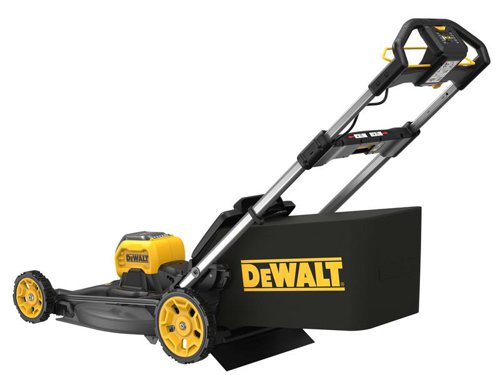 DEWALT DCMWP500 FlexVolt XR Push Mower with Direct Drive Brushless Autosensing Motor for improved run time, better cut quality and reduced stalling. Its 53cm high efficiency metal deck provides added durability. It offers Mulching, Bagging or Rear Discharge for natural lawn fertilisation or clip free lawn.Fitted with an ergonomic handle for easy and comfortable steering. A handy user interface incorporates a load meter allowing real time feedback. Easy 'One Touch Storage'. At the touch of a button, the telescopic handles fold down. This mower can be stored vertically, takes up 70% less space in vertical storage vs in operation.Comes as a Bare Unit, NO battery or charger supplied.Specification:Cutting Width: 48cm.Cutting Height Adjustment: 25, 35, 45, 60, 85mm.Grass Box Capacity: 55 litre.