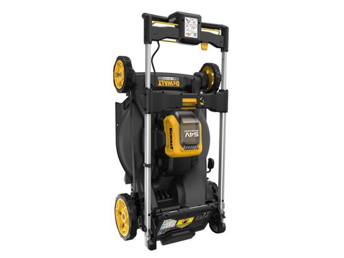 DEWALT DCMWP500 FlexVolt XR Push Mower with Direct Drive Brushless Autosensing Motor for improved run time, better cut quality and reduced stalling. Its 53cm high efficiency metal deck provides added durability. It offers Mulching, Bagging or Rear Discharge for natural lawn fertilisation or clip free lawn.Fitted with an ergonomic handle for easy and comfortable steering. A handy user interface incorporates a load meter allowing real time feedback. Easy 'One Touch Storage'. At the touch of a button, the telescopic handles fold down. This mower can be stored vertically, takes up 70% less space in vertical storage vs in operation.Comes as a Bare Unit, NO battery or charger supplied.Specification:Cutting Width: 48cm.Cutting Height Adjustment: 25, 35, 45, 60, 85mm.Grass Box Capacity: 55 litre.