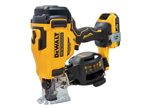 The DEWALT DCN45R XR Brushless Roofing Coil Nailer is ideal for fencing and flooring contractors, and roofers. Specifically designed for roofing felt and vapour barriers, it can also be used for flashing, siding, cladding, sub-flooring and fencing.Designed with an optimised centre of gravity for ease of use. The high-efficiency brushless motor provides optimum efficiency and reliability. It has a tool-free depth of drive adjustment to ensure accurate placement of nail. With a 3-position canister floor to optimise nail feed and reduce jamming. A tool-free stall release returns the driver blade after a jam occurs. The durable nail canister has windows, enabling you to monitor the nail level.Specifications:Nail Length: 19-45mm.Nail Diameter: 3.05-3.40mm.Nail Capacity: 120.Weight: 3.4kg.The DEWALT DCN45RND2 XR Brushless Roofing Coil Nailer is supplied with:2 x 18V 2.0Ah Li-ion Batteries*.1 x 10.8-18V DCB115 XR Multi-Voltage Li-ion Charger.1 x TSTAK™ Kitbox.*500 nails per charge.