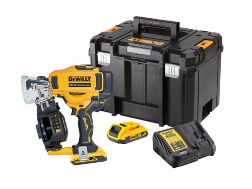 The DEWALT DCN45R XR Brushless Roofing Coil Nailer is ideal for fencing and flooring contractors, and roofers. Specifically designed for roofing felt and vapour barriers, it can also be used for flashing, siding, cladding, sub-flooring and fencing.Designed with an optimised centre of gravity for ease of use. The high-efficiency brushless motor provides optimum efficiency and reliability. It has a tool-free depth of drive adjustment to ensure accurate placement of nail. With a 3-position canister floor to optimise nail feed and reduce jamming. A tool-free stall release returns the driver blade after a jam occurs. The durable nail canister has windows, enabling you to monitor the nail level.Specifications:Nail Length: 19-45mm.Nail Diameter: 3.05-3.40mm.Nail Capacity: 120.Weight: 3.4kg.The DEWALT DCN45RND2 XR Brushless Roofing Coil Nailer is supplied with:2 x 18V 2.0Ah Li-ion Batteries*.1 x 10.8-18V DCB115 XR Multi-Voltage Li-ion Charger.1 x TSTAK™ Kitbox.*500 nails per charge.