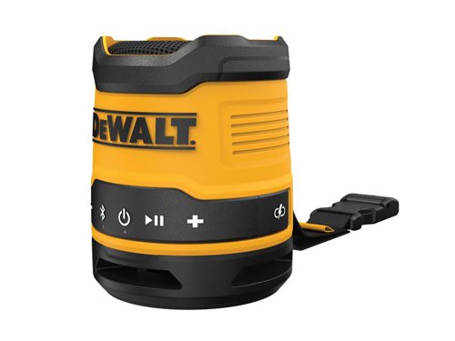 The DEWALT DCR009 Compact Bluetooth Speaker is compact, powerful and extremely durable. Thanks to its IP67 rating its able to withstand dust and liquids, ideal for tough worksite conditions. Bluetooth 5.0 pairing allows you to connect with a device up to 30 metres away and at full volume it can emit an impressive 86dB. When at half volume, and fully charged, it can last for 16 hours. Front control buttons allows user to control audio directly from unit. This is a rechargeable Bluetooth speaker comes with a USB-A to USB-C charging cable.Specifications:Max. Volume: 86dB.Runtime: 16 Hours @ 50% Volume.Charge Time: 2 hours.IP Rating: IP67.