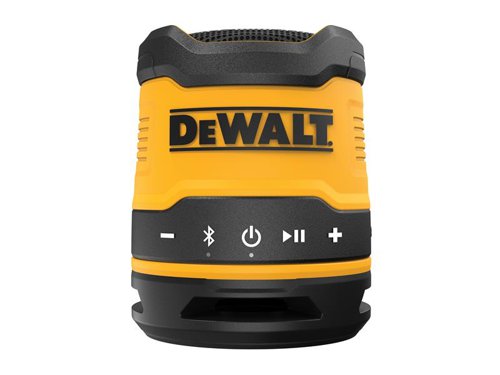 The DEWALT DCR009 Compact Bluetooth Speaker is compact, powerful and extremely durable. Thanks to its IP67 rating its able to withstand dust and liquids, ideal for tough worksite conditions. Bluetooth 5.0 pairing allows you to connect with a device up to 30 metres away and at full volume it can emit an impressive 86dB. When at half volume, and fully charged, it can last for 16 hours. Front control buttons allows user to control audio directly from unit. This is a rechargeable Bluetooth speaker comes with a USB-A to USB-C charging cable.Specifications:Max. Volume: 86dB.Runtime: 16 Hours @ 50% Volume.Charge Time: 2 hours.IP Rating: IP67.