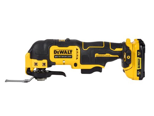 The DEWALT DCS353 XR Brushless Multi-Tool has a dual-grip variable speed trigger, with a lock-on feature allows greater control when cutting/scraping/sanding. A quick-change accessory system allows blades and attachments to be changed quickly. Its universal accessory adaptor enables use with most oscillating tool accessory brands.The compact, lightweight design allows improved access into confined spaces. Fitted with an airlock compatible dust adaptor for quicker/more secure dust extraction connection/performance. There is also a bright LED light which illuminates dark work surfaces for accurate cutting.Specifications:No Load Speed: 0-18,000/min.Oscillation Angle: 1.6°.Weight: 0.86kg (without battery).The DEWALT DCS353D2 XR Brushless Multi-Tool is supplied with:1 x Fast Cut Wood Blade 31 x 43mm.1 x Wood with Nails Blade 31 x 43mm.1 x Rigid Scraper Blade.1 x Semi Circle Blade.1 x Carbide Grout Removal Blade.1 x Wood Detail Blade.25 x Assorted Sandpaper Sheets.1 x Depth Control Straight Cut Guide.1 x Dust Extraction Adaptor.1 x Universal Blade Adaptor.Specifications:2 x 12V 2.0Ah Li-ion Batteries.1 x Multi-Voltage XR Charger.1 x TSTAK™ Kitbox.