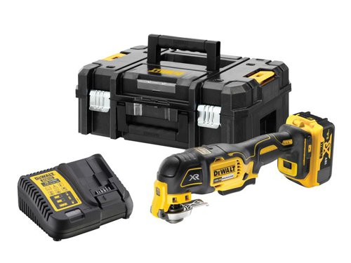 The DEWALT DCS356 XR Oscillating Multi-Tool is fitted with a powerful brushless motor which provides extended run time and longer service life. With 3-stage speed control and a Dual-Grip variable speed switch for enhanced control when cutting, scraping or sanding.Fitted with a universal accessory adaptor and a Quick-Change accessory system, allows blades and attachments to be changed quickly without the use of tools. The ergonomic, overmould Dual-Grip is comfortable to use. There is also a bright LED job light illuminating dark work surfaces for a clear view of the cut line and workpiece.Specifications:No Load Speed: 0-20,000/min.Oscillation Angle: 1.6°.Length: 310mm.Weight: 1.1kg.The DEWALT DCS356P1 XR Oscillating Multi-Tool is supplied with:1 x 18V 5.0Ah Li-ion Battery.1 x 10.8-18V DCB115 XR Li-ion Multi-Voltage Charger.1 x TSTAK™ II Toolbox.