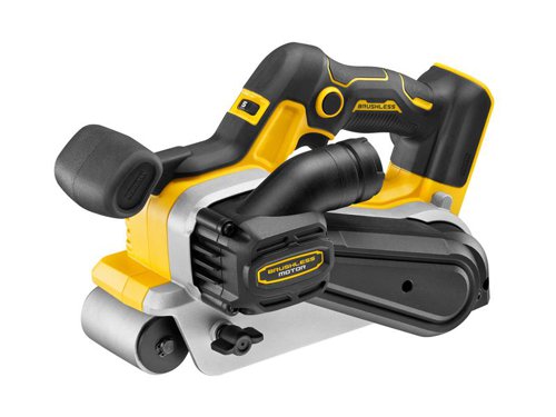 The DEWALT DCW220NT XR 18V Belt Sander has a brushless motor for extended durability, efficiency and power. It also has a high no load speed, which is variable to provide ultimate speed and application control.The sander features a direct AIRLOCK dust port and wireless tool control to ensure a cleaner and safer jobsite. WTCâ„¢ allows for remote switching on of the dust extractor when the sander is started (requires compatible DEWALT dust extractor). A quick-release belt change system allows sanding belts to be changed effortlessly. Class leading DEWALT ergonomics ensure maximised comfort and safety.Supplied in a T-STAK VI Kit Box. Includes:Dust Bag.Rotating Dust Port.Sanding Belt, 80 Grit.Bare Unit, No Battery or Charger supplied.Specifications:Belt Speed: 320m/min.Belt Size: 75 x 533mm.Weight: 3.0kg.