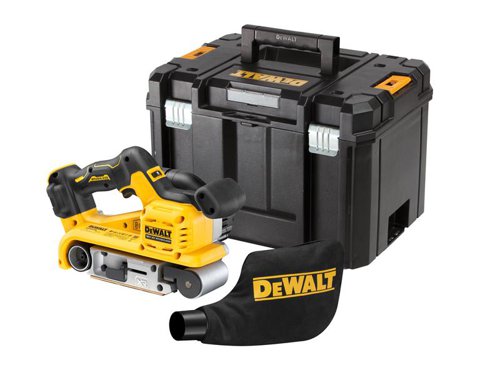 The DEWALT DCW220NT XR 18V Belt Sander has a brushless motor for extended durability, efficiency and power. It also has a high no load speed, which is variable to provide ultimate speed and application control.The sander features a direct AIRLOCK dust port and wireless tool control to ensure a cleaner and safer jobsite. WTCâ„¢ allows for remote switching on of the dust extractor when the sander is started (requires compatible DEWALT dust extractor). A quick-release belt change system allows sanding belts to be changed effortlessly. Class leading DEWALT ergonomics ensure maximised comfort and safety.Supplied in a T-STAK VI Kit Box. Includes:Dust Bag.Rotating Dust Port.Sanding Belt, 80 Grit.Bare Unit, No Battery or Charger supplied.Specifications:Belt Speed: 320m/min.Belt Size: 75 x 533mm.Weight: 3.0kg.