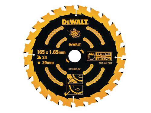 The DEWALT Extreme Framing Circular Saw Blades have a thin kerf (cutting width) to ensure that less push force is required by the user and that they cut straighter with reduced binding. The durable teeth stay sharp for a long time with reduced breakage.Can be used for ripping and cross-cutting natural timbers. Cutting composite wood based sheet materials e.g. plywood, MDF and chipboard.  They are suitable for use with portable and stationery circular saws.The DEWALT DT10301QZ Circular Saw Blade has the following specifications:Blade Diameter: 165mm.Bore Size: 20mm.Tooth Count: 40.