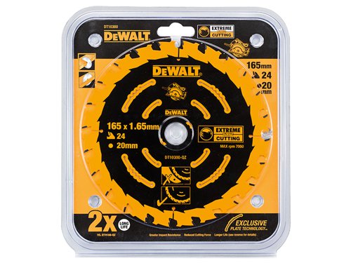 The DEWALT Extreme Framing Circular Saw Blades have a thin kerf (cutting width) to ensure that less push force is required by the user and that they cut straighter with reduced binding. The durable teeth stay sharp for a long time with reduced breakage.Can be used for ripping and cross-cutting natural timbers. Cutting composite wood based sheet materials e.g. plywood, MDF and chipboard.  They are suitable for use with portable and stationery circular saws.The DEWALT DT10300QZ Circular Saw Blade has the following specifications:Blade Diameter: 165mm.Bore Size: 20mm.Tooth Count: 24.
