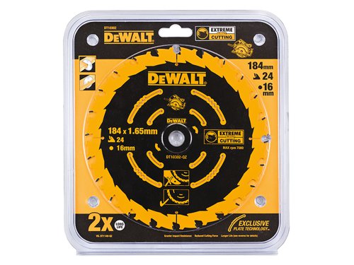The DEWALT Extreme Framing Circular Saw Blades have a thin kerf (cutting width) to ensure that less push force is required by the user and that they cut straighter with reduced binding. The durable teeth stay sharp for a long time with reduced breakage.Can be used for ripping and cross-cutting natural timbers. Cutting composite wood based sheet materials e.g. plywood, MDF and chipboard.  They are suitable for use with portable and stationery circular saws.The DEWALT DT10302QZ Circular Saw Blade has the following specifications:Blade Diameter: 184mm.Bore Size: 16mm.Tooth Count: 24.Nail Tough- Can be used on nail embedded wood