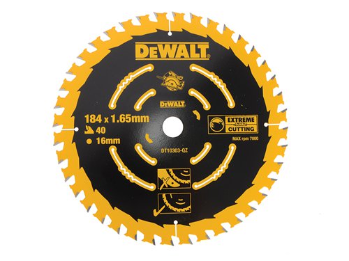 The DEWALT Extreme Framing Circular Saw Blades have a thin kerf (cutting width) to ensure that less push force is required by the user and that they cut straighter with reduced binding. The durable teeth stay sharp for a long time with reduced breakage.Can be used for ripping and cross-cutting natural timbers. Cutting composite wood based sheet materials e.g. plywood, MDF and chipboard.  They are suitable for use with portable and stationery circular saws.The DEWALT DT10303QZ Circular Saw Blade has the following specifications:Blade Diameter: 184mm.Bore Size: 16mm.Tooth Count: 40.Nail Tough- Can be used on nail embedded wood