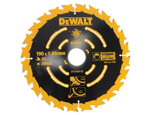 The DEWALT Extreme Framing Circular Saw Blades have a thin kerf (cutting width) to ensure that less push force is required by the user and that they cut straighter with reduced binding. The durable teeth stay sharp for a long time with reduced breakage.Can be used for ripping and cross-cutting natural timbers. Cutting composite wood based sheet materials e.g. plywood, MDF and chipboard.  They are suitable for use with portable and stationery circular saws.The DEWALT DT10304QZ Circular Saw Blade has the following specifications:Blade Diameter: 190mm.Bore Size: 30mm.Tooth Count: 24.