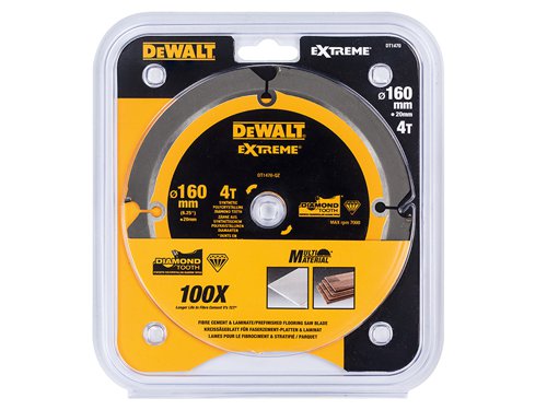 The DEWALT Extreme Cement Saw Blade features synthetic PCD (Polycrystalline Diamond) tipped teeth. These PCD coated teeth provide 100% longer life in fibre cement than TCT tipped blades. The laser cut blade features anti-vibration body slots and precision ground tips. The blade design also helps to reduce dust production when cutting fibre cement materials.Suitable for cutting a range of materials including fibre cement board, laminate/pre finished flooring, MDF, plywood, etc.This DEWALT Extreme PCD Fibre Cement Saw Blade has the following specification:Blade Diameter: 160mm.Bore Size: 20mm.Tooth Count: 4.Kerf Thickness: 1.8mm.Plate Thickness: 1.4mm.Grind: FTOP.Rake Angle: 12°.