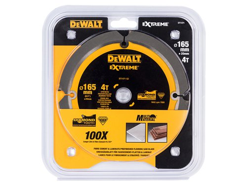 The DEWALT Extreme Cement Saw Blade features synthetic PCD (Polycrystalline Diamond) tipped teeth. These PCD coated teeth provide 100% longer life in fibre cement than TCT tipped blades. The laser cut blade features anti-vibration body slots and precision ground tips. The blade design also helps to reduce dust production when cutting fibre cement materials.Suitable for cutting a range of materials including fibre cement board, laminate/pre finished flooring, MDF, plywood, etc.This DEWALT Extreme PCD Fibre Cement Saw Blade has the following specification:Blade Diameter: 165mm.Bore Size: 20mm.Tooth Count: 4.Kerf Thickness: 1.8mm.Plate Thickness: 1.4mm.Grind: FTOP.Rake Angle: 12°.