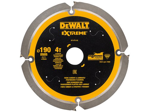 The DEWALT Extreme Cement Saw Blade features synthetic PCD (Polycrystalline Diamond) tipped teeth. These PCD coated teeth provide 100% longer life in fibre cement than TCT tipped blades. The laser cut blade features anti-vibration body slots and precision ground tips. The blade design also helps to reduce dust production when cutting fibre cement materials.Suitable for cutting a range of materials including fibre cement board, laminate/pre finished flooring, MDF, plywood, etc.This DEWALT Extreme PCD Fibre Cement Saw Blade has the following specification:Blade Diameter: 190mm.Bore Size: 30mm.Tooth Count: 4.Kerf Thickness: 1.8mm.Plate Thickness: 1.4mm.Grind: FTOP.Rake Angle: 12°.