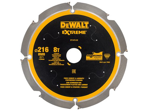 The DEWALT Extreme Cement Saw Blade features synthetic PCD (Polycrystalline Diamond) tipped teeth. These PCD coated teeth provide 100% longer life in fibre cement than TCT tipped blades. The laser cut blade features anti-vibration body slots and precision ground tips. The blade design also helps to reduce dust production when cutting fibre cement materials.Suitable for cutting a range of materials including fibre cement board, laminate/pre finished flooring, MDF, plywood, etc.This DEWALT Extreme PCD Fibre Cement Saw Blade has the following specification:Blade Diameter: 216mm.Bore Size: 30mm.Tooth Count: 8.Kerf Thickness: 2.0mm.Plate Thickness: 1.5mm.Grind: FTOP.Rake Angle: 12°.