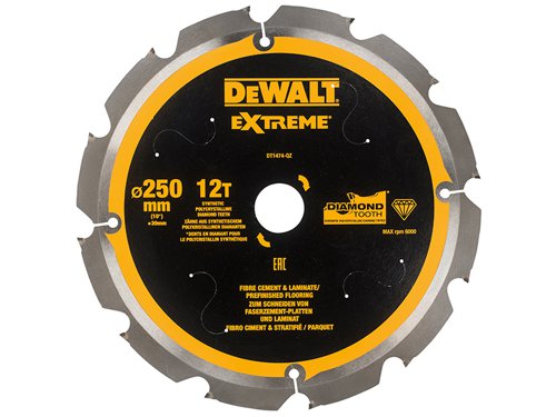 The DEWALT Extreme Cement Saw Blade features synthetic PCD (Polycrystalline Diamond) tipped teeth. These PCD coated teeth provide 100% longer life in fibre cement than TCT tipped blades. The laser cut blade features anti-vibration body slots and precision ground tips. The blade design also helps to reduce dust production when cutting fibre cement materials.Suitable for cutting a range of materials including fibre cement board, laminate/pre finished flooring, MDF, plywood, etc.This DEWALT Extreme PCD Fibre Cement Saw Blade has the following specification:Blade Diameter: 250mm.Bore Size: 30mm.Tooth Count: 12.Kerf Thickness: 2.2mm.Plate Thickness: 1.6mm.Grind: FTOP.Rake Angle: 12°.