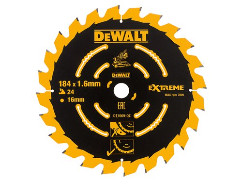 The DEWALT Cordless Mitre Saw Blades have been design for use with the DCS365 Cordless XPS Mitre Saw. The blades produce a higher quality cut with reduced tear-out and less vibration, increasing battery life. They also feature optimised grind angles and ultra sharp teeth with a new, thin plate design.This DEWALT Cordless Mitre Saw Blade has the following specification:Application: Plywood / Natural Wood / MDF.Finish: General Purpose.Blade Diameter: 184mm.Bore Size: 16mm.Tooth Count: 24.Kerf Thickness: 1.6mm.Plate Thickness: 1.0mm.Grind: ATB.Rake Angle: +7°.