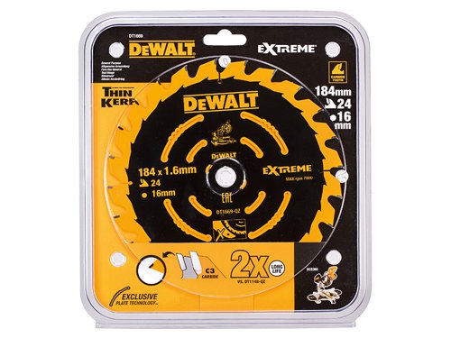 The DEWALT Cordless Mitre Saw Blades have been design for use with the DCS365 Cordless XPS Mitre Saw. The blades produce a higher quality cut with reduced tear-out and less vibration, increasing battery life. They also feature optimised grind angles and ultra sharp teeth with a new, thin plate design.This DEWALT Cordless Mitre Saw Blade has the following specification:Application: Plywood / Natural Wood / MDF.Finish: General Purpose.Blade Diameter: 184mm.Bore Size: 16mm.Tooth Count: 24.Kerf Thickness: 1.6mm.Plate Thickness: 1.0mm.Grind: ATB.Rake Angle: +7°.