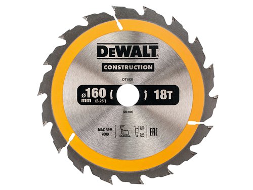 DEWALT Construction Circular Saw Blade for use with portable machines to cut softwoods and composite materials. The impact resistant carbide teeth help to reduce the chance of chipping or breaking a tooth. With ultra-sharp cutting edges and Alternate Top Bevel (ATB) teeth to reduce splinters.The blade features a wedge shoulder to protect the carbide from nail impact. The fast, smooth cutting action and durable construction makes it ideal for demanding jobsite operations, rough timber and cutting through embedded nails.This DEWALT Construction Circular Saw Blade has the following specification:Application: Cutting of rough timber, possibly with embedded nails.Blade Diameter: 160mm.Bore Size: 20mm.Tooth Count: 18.Plate Thickness: 1.5mm.Kerf Thickness: 2.5mm.Grind Type: ATB.Rake Angle: +20°.