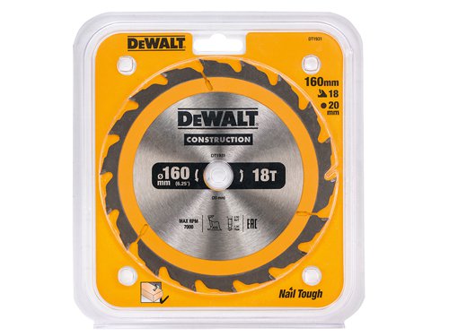 DEWALT Construction Circular Saw Blade for use with portable machines to cut softwoods and composite materials. The impact resistant carbide teeth help to reduce the chance of chipping or breaking a tooth. With ultra-sharp cutting edges and Alternate Top Bevel (ATB) teeth to reduce splinters.The blade features a wedge shoulder to protect the carbide from nail impact. The fast, smooth cutting action and durable construction makes it ideal for demanding jobsite operations, rough timber and cutting through embedded nails.This DEWALT Construction Circular Saw Blade has the following specification:Application: Cutting of rough timber, possibly with embedded nails.Blade Diameter: 160mm.Bore Size: 20mm.Tooth Count: 18.Plate Thickness: 1.5mm.Kerf Thickness: 2.5mm.Grind Type: ATB.Rake Angle: +20°.