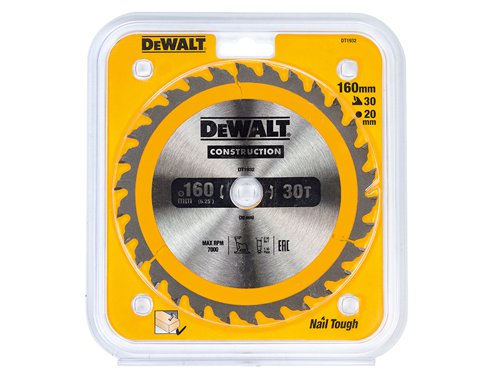 DEWALT Portable Construction Circular Saw Blade 160 x 20mm x 30T