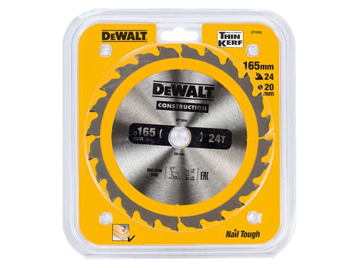 DEWALT Construction Circular Saw Blade for use with portable machines to cut softwoods and composite materials. The impact resistant carbide teeth help to reduce the chance of chipping or breaking a tooth. With ultra-sharp cutting edges and Alternate Top Bevel (ATB) teeth to reduce splinters.The blade features a wedge shoulder to protect the carbide from nail impact. The fast, smooth cutting action and durable construction makes it ideal for demanding jobsite operations, rough timber and cutting through embedded nails.This DEWALT Construction Circular Saw Blade is for the cutting of rough timber, possibly with embedded nails.Specification:Blade Diameter: 165mmBlade Bore: 20mmTooth Count: 24Plate Thickness: 1.2mmKerf Thickness: 1.8mmGrind Type: ATBRake Angle: +10°