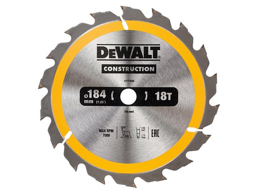 DEWALT Construction Circular Saw Blade for use with portable machines to cut softwoods and composite materials. The impact resistant carbide teeth help to reduce the chance of chipping or breaking a tooth. With ultra-sharp cutting edges and Alternate Top Bevel (ATB) teeth to reduce splinters.The blade features a wedge shoulder to protect the carbide from nail impact. The fast, smooth cutting action and durable construction makes it ideal for demanding jobsite operations, rough timber and cutting through embedded nails.This DEWALT Construction Circular Saw Blade is for the cutting of rough timber, possibly with embedded nails.Specification:Blade Diameter: 184mmBlade Bore: 16mmTooth Count: 18Plate Thickness: 1.7mmKerf Thickness: 2.6mmGrind Type: ATBRake Angle: +20°