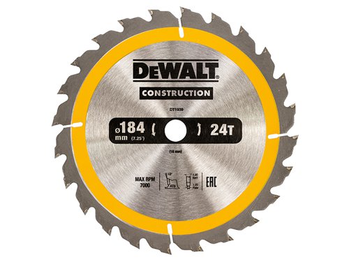DEWALT Construction Circular Saw Blade for use with portable machines to cut softwoods and composite materials. The impact resistant carbide teeth help to reduce the chance of chipping or breaking a tooth. With ultra-sharp cutting edges and Alternate Top Bevel (ATB) teeth to reduce splinters.The blade features a wedge shoulder to protect the carbide from nail impact. The fast, smooth cutting action and durable construction makes it ideal for demanding jobsite operations, rough timber and cutting through embedded nails.This DEWALT Construction Circular Saw Blade is for the cutting of rough timber, possibly with embedded nails.Specification:Blade Diameter: 184mmBlade Bore: 16mmTooth Count: 24Plate Thickness: 1.2mmKerf Thickness: 1.8mmGrind Type: ATBRake Angle: +16°