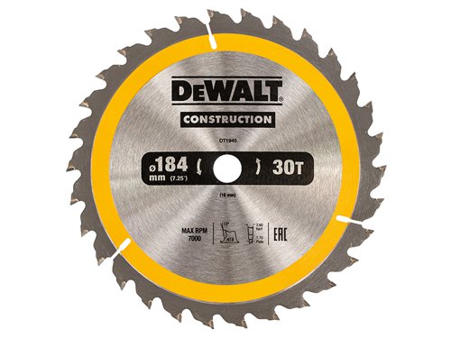 DEWALT Construction Circular Saw Blade for use with portable machines to cut softwoods and composite materials. The impact resistant carbide teeth help to reduce the chance of chipping or breaking a tooth. With ultra-sharp cutting edges and Alternate Top Bevel (ATB) teeth to reduce splinters.The blade features a wedge shoulder to protect the carbide from nail impact. The fast, smooth cutting action and durable construction makes it ideal for demanding jobsite operations, rough timber and cutting through embedded nails.This DEWALT Construction Circular Saw Blade is for the cutting of rough timber, possibly with embedded nails.Specification:Blade Diameter: 184mmBlade Bore: 16mmTooth Count: 30Plate Thickness: 1.7mmKerf Thickness: 2.6mmGrind Type: ATBRake Angle: +10°